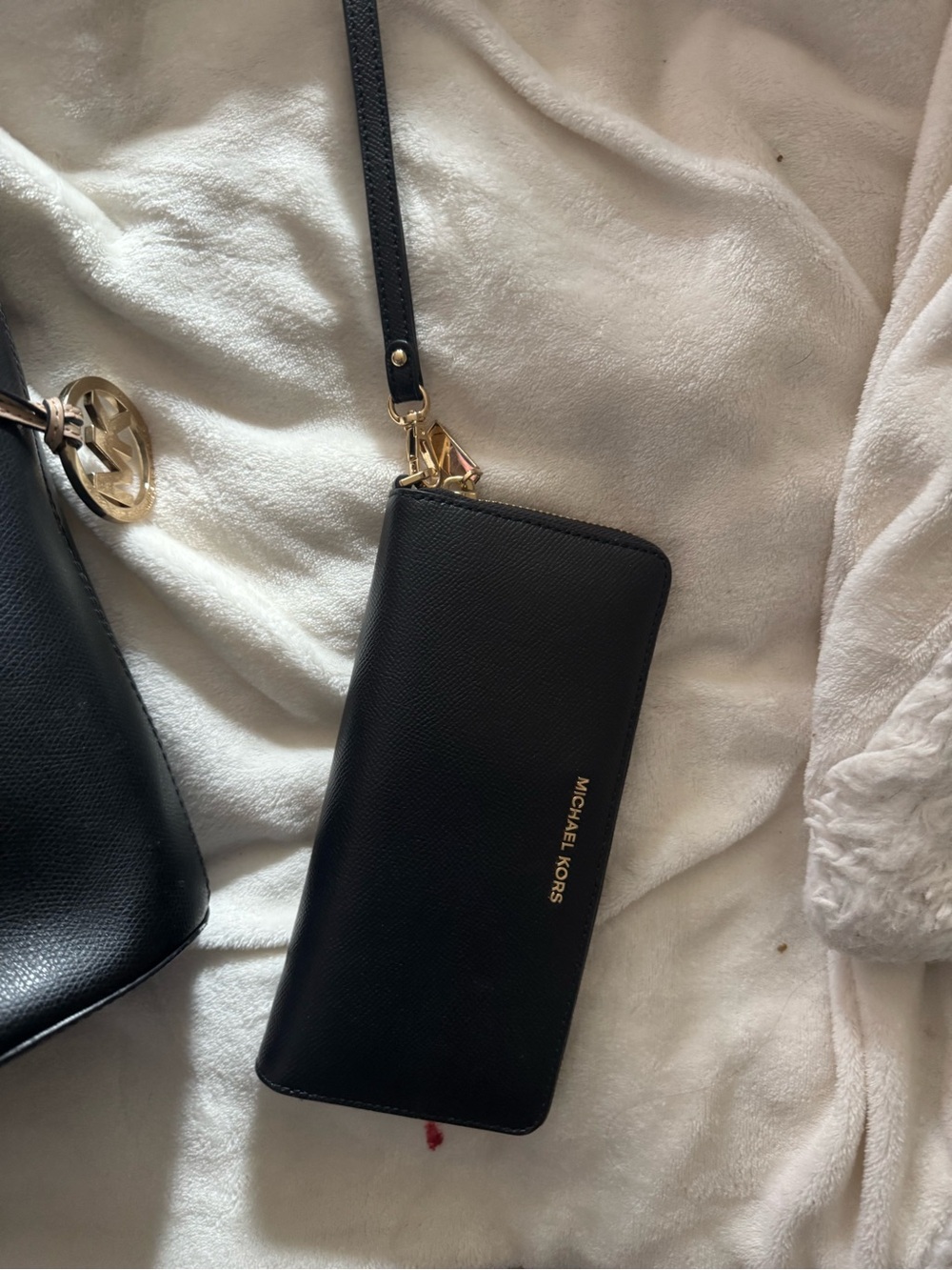 Michael Kors Black Leather Zip-Around Wristlet Wallet with Gold Logo